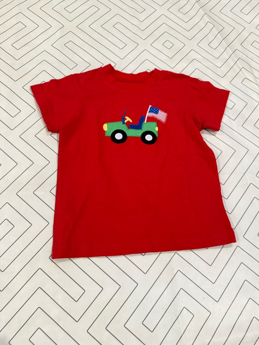 Kelly's Kids Red Tee with Green Jeep and Flag Applique